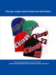 1 chiếc mũ len giữ ấm tai họa tiết chữ Chicago dệt kim Jacquard dành cho nữ dùng vào mùa thu/đông, mặc hàng ngày - Một kích thước phù hợp với tất cả - Xem 1