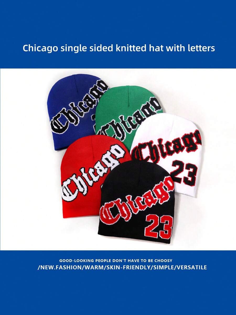 1 chiếc mũ len giữ ấm tai họa tiết chữ Chicago dệt kim Jacquard dành cho nữ dùng vào mùa thu/đông, mặc hàng ngày - Một kích thước phù hợp với tất cả - Xem 1