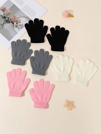 1 Pair Child Unisex Solid Color Warm Fleece Simple Full Finger Gloves, Suitable For Autumn/Winter Outdoor Use