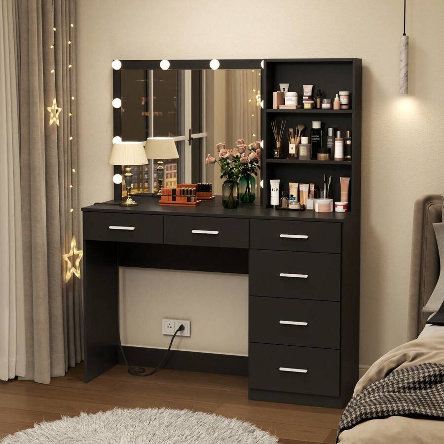 Vanity Desk With LED Lights & Power Outlet, Mirror Makeup Vanity Table