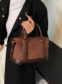 1 件女士咖啡色复古保龄球包，绒面纹理复古波士顿手提包，拉链开合，适合通勤、购物、日常使用 - 咖啡棕 - 查看 1