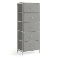 SONGMICS Commode, Meuble de Rangement pour Chambre, Colonne de Rangement en Tissu avec 5 Tiroirs, Cadre en Métal, Gris Tourterelle et Blanc Crème