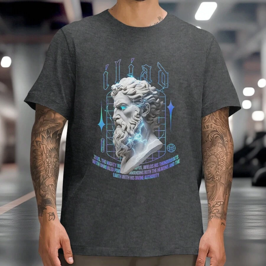 BACK ILIAD Casual T-Shirt Statue Shirt Streetwear Round Neck 100% Cotton - 深灰色 - 查看 1