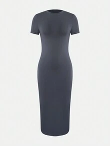 性感紧身短袖衬衫裙女式 2024 新款俱乐部基本款纯色休闲长款紧身连衣裙