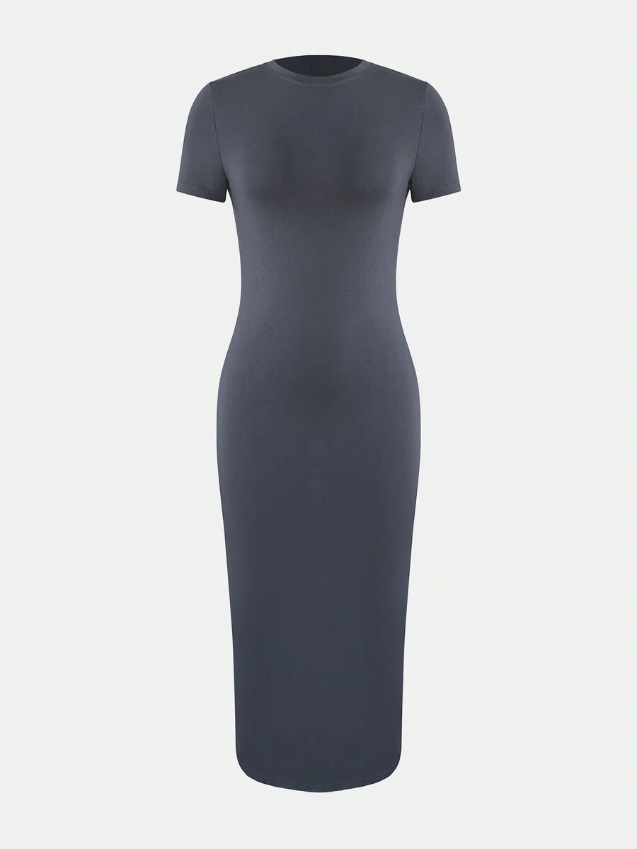 性感紧身短袖衬衫裙女式 2024 新款俱乐部基本款纯色休闲长款紧身连衣裙