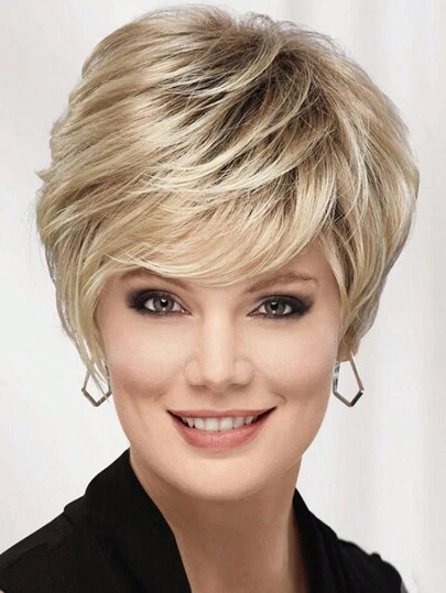 Women's Fashion Natural Mixed Golden 10 Inch Synthetic Fiber Short Curly Wig With Bangs, Suitable For Everyday Wear, Holidays, Costumes, Parties