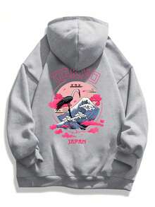 Sudadera con capucha y cordón para hombre talla grande con estampado de grúas en color rosa intenso - Gris - Ver 3