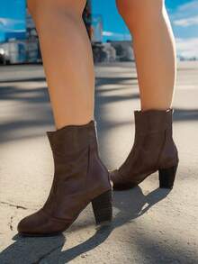 SDEMIN Giày bốt Knight đế dày màu trơn cho nữ, áo khoác ngoài mũi tròn thời trang hoàn hảo với áo len và quần dài, giày bốt đế dày có khóa kéo sau thiết kế đơn giản - màu nâu - Xem 5