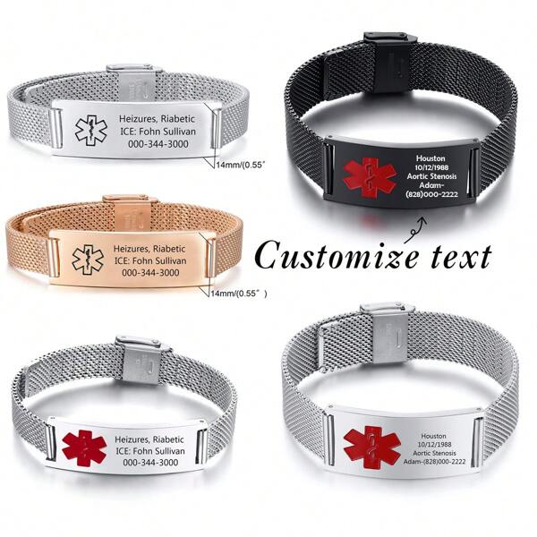 1 pieza Pulsera médica personalizada y grabada con láser, de acero inoxidable hueco en rojo y negro, regalo ideal para hombres y mujeres en 2024, con banda de acero inoxidable, joyería de acero inoxidable, pulsera personalizada para damas, artículo personalizado