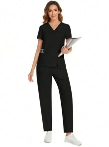 cimmuovere 2pcs Women Solid Color Pocket V-Neck Short Sleeve Top & Pants Scrub Uniform Suit