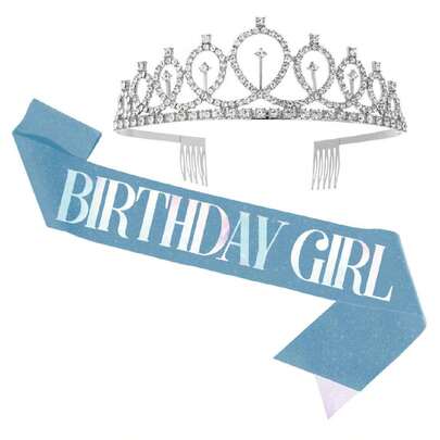 1 件水钻装饰生日派对皇冠和 1 件腰带套装，蓝色闪光腰带装饰，适合女孩生日派对、圣诞节