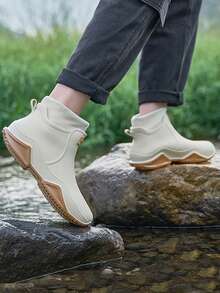Botas cortas de lluvia de un solo pieza con forro térmico para hombre, botas de lluvia cálidas para trabajo en la cocina, antideslizantes, adecuadas para actividades al aire libre como lavar el coche, pescar, y protección contra el agua - Albaricoque - Ver 4