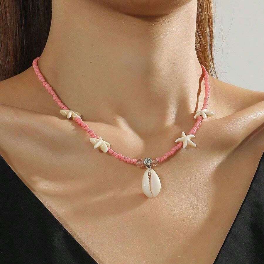 Mặt dây chuyền vỏ sò hạt gạo Vòng cổ hạt cườm phong cách đại dương Vòng cổ sao biển Trang sức tiệc bãi biển - Hồng - Xem 1