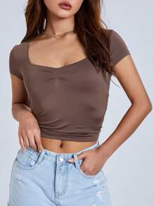 Women T-Shirt, Low-Cut Short Sleeve Pleated Solid Slim Fit Summer Tops For Casual Daily - 棕色 - 查看 5