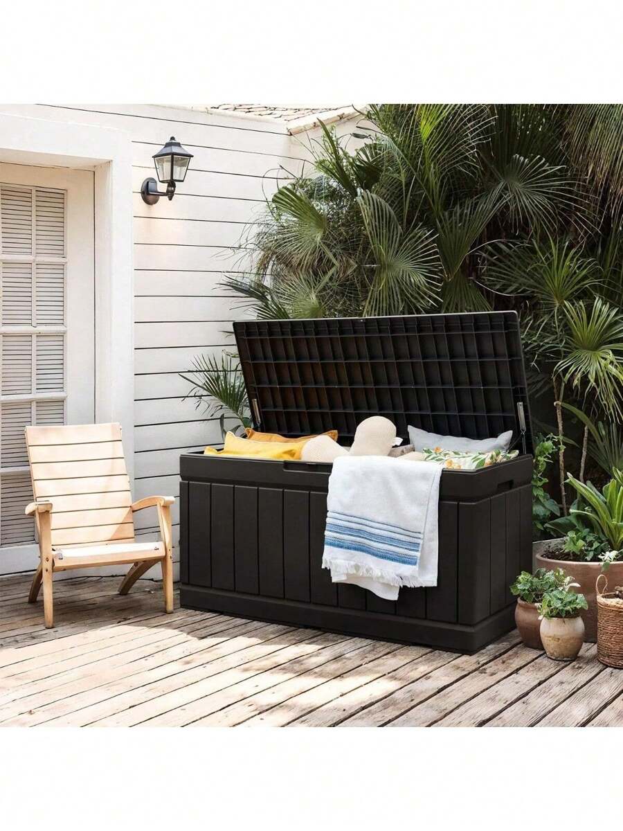 Outdoor Storage Box 85 Gallon Resin Waterproof Deck Box With Wood