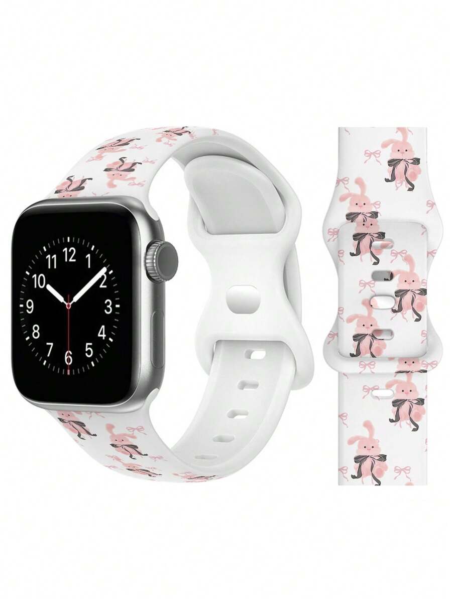 全新可爱兔子/卡哇伊印花表带，适用于 Apple Watch Series 10/Ultra/SE/8/7/6/5/4/3/2/1，女士替换腕带 - 白色 - 查看 1
