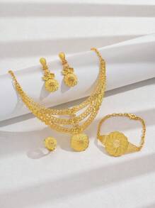 5 pièces Parure de bijoux de style Dubai Luxe : boucles d'oreilles, collier, bracelet, bague en forme d'étoile dorée et de goutte d'eau pour femmes. Accessoires de mode européenne et américaine pour fêtes et banquets. Convient pour assister à des banquets, festivals et fêtes.