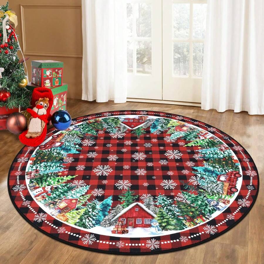 HEBE Washable 4Ft Round Christmas Area Rug Non Slip Farmhouse Round Rug For Living Room Washable Soft Circle Rugs For Bedroom Christmas Round Floor Carpet For Dining Room Xmas Holiday Decor - 紅色 - 查看 1