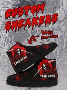 Zapatillas de lona personalizadas con nombre para mujer, diseño de esqueleto misterioso, ligeras, cómodas, de suela blanda, zapatillas altas de skate, regalo personalizado y único para mamá/papá/ella/él/novia/novio/esposa/esposo/amigo - Negro - Ver 1