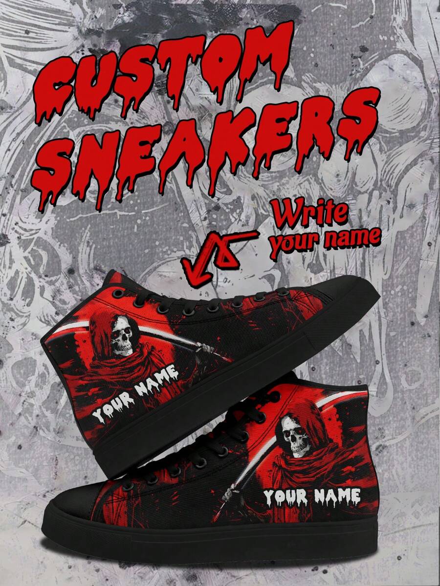 Zapatillas de lona personalizadas con nombre para mujer, diseño de esqueleto misterioso, ligeras, cómodas, de suela blanda, zapatillas altas de skate, regalo personalizado y único para mamá/papá/ella/él/novia/novio/esposa/esposo/amigo - Negro - Ver 1