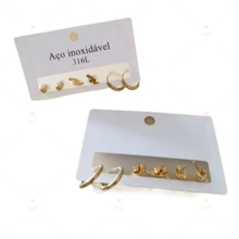Kit 3 Pairs Small Earrings With Medium Hoop / Stainless Steel Snake - Vàng - Xem 2