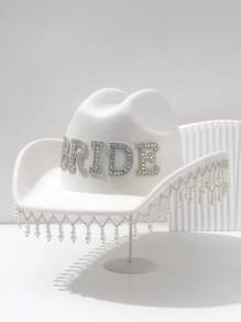 1pc Women's Solid Glitter Bling Cowboy Hat, Unique Luxurious Faux Pearl Tassel Pearl Embellishment With 3D Pearl Letter BRIDE Decor, Wedding Bridal Hat, 2024 Wedding Essentials, Creative Punk Style Inspiration Wide Brim Bridal Veil Hat, Gift Idea