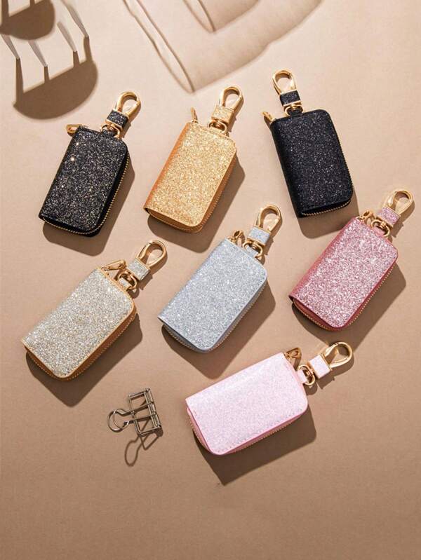 1pc Car Key Bag, Unisex Car Key Storage Bag, PU Leather Keychain, Creative Shiny Key Storage Bag School