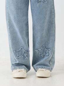 Tween/Teen Girls Cute Pentagram Wash Relaxed Fit Straight Leg Jeans