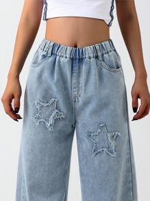 Tween/Teen Girls Cute Pentagram Wash Relaxed Fit Straight Leg Jeans