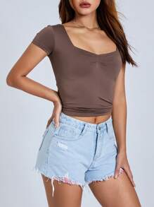 Women T-Shirt, Low-Cut Short Sleeve Pleated Solid Slim Fit Summer Tops For Casual Daily - 棕色 - 查看 7