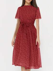 PoPoHouse 女士优雅气质圆领波点印花短袖收腰连衣裙，春夏连衣裙，女士度假装，沙滩裙 - 酒紅色 - 查看 4