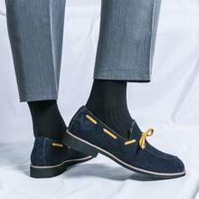 男士鞋款方头系带皮革乐福鞋低帮复古牛津鞋绒面革蝴蝶结一脚蹬莫卡辛鞋漆皮透气正装休闲皮鞋 - 藍色 - 查看 4