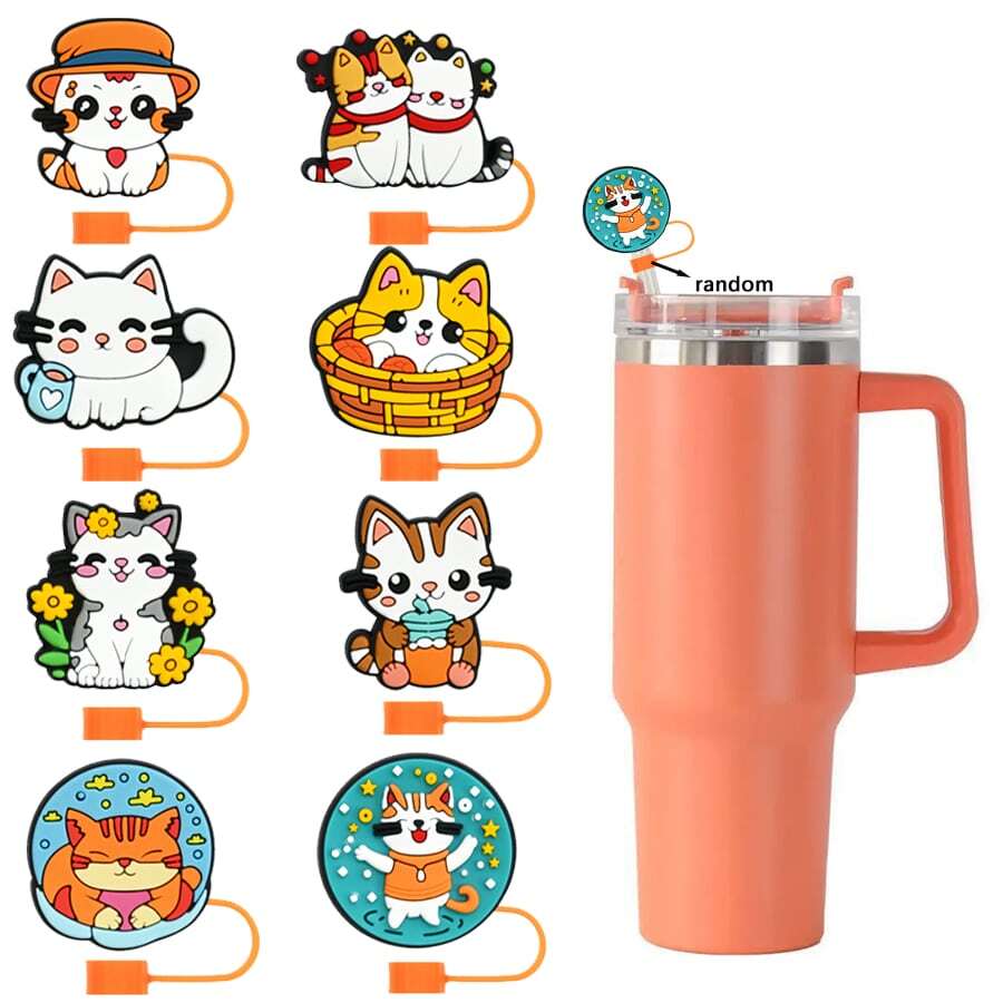 8 件可爱猫咪吸管盖适用于玻璃杯、吸管盖配件、可重复使用吸管头保护盖，适用于 10 毫米/0.4 英寸直径吸管 - 彩色 - 查看 1