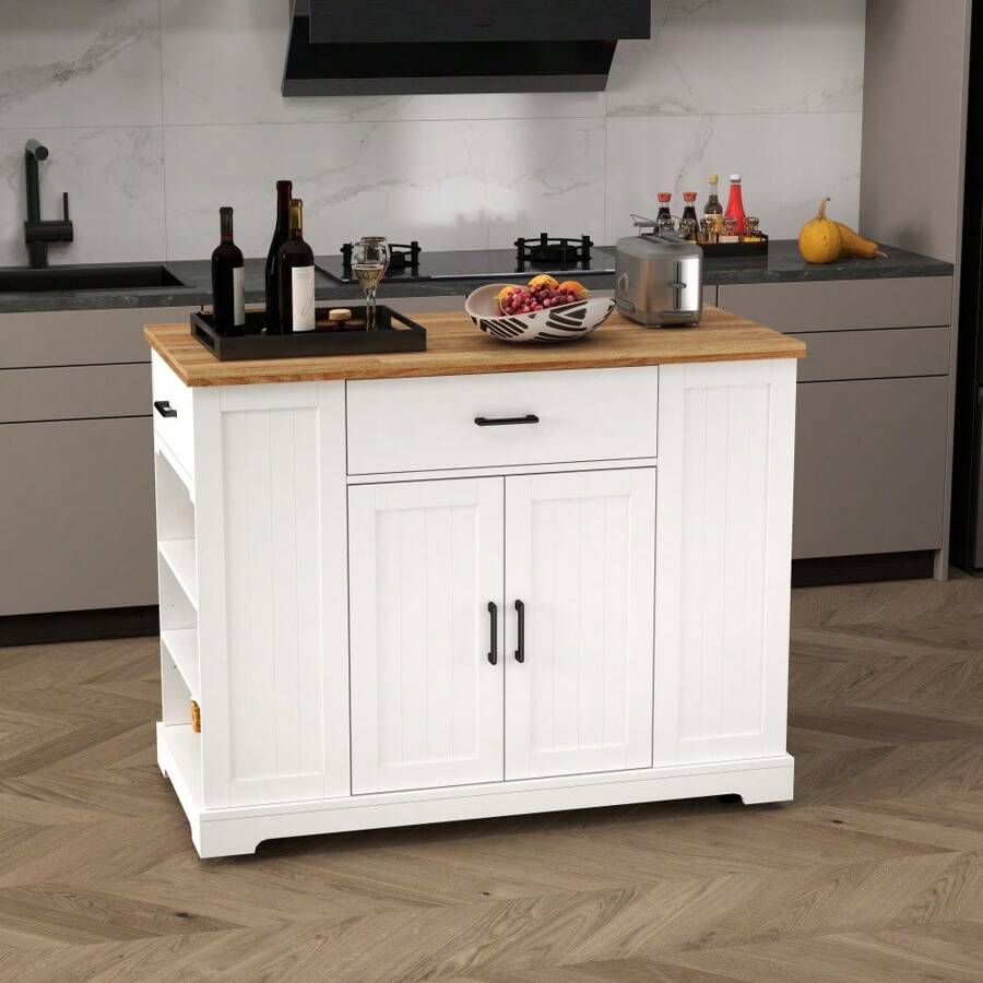 46'' Multi-Storage Rolling Kitchen Island With Rubber Wood Tabletop, Large Farmhouse Kitchen Cart With Adjustable Shelves And Drawers, Movable Dinning Table Bar With Storage Cabinet For Kitchen - 1 - View 1