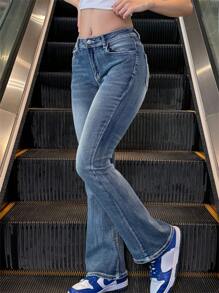 Women Modern Flare Bell Bottom Jeans Mid-Rise Wide Leg Bootcut Stretchy Denim Pants Pockets Embroidery Design Casual Style - Medium Wash - View 2