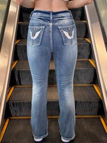 Women Modern Flare Bell Bottom Jeans Mid-Rise Wide Leg Bootcut Stretchy Denim Pants Pockets Embroidery Design Casual Style - Medium Wash - View 6