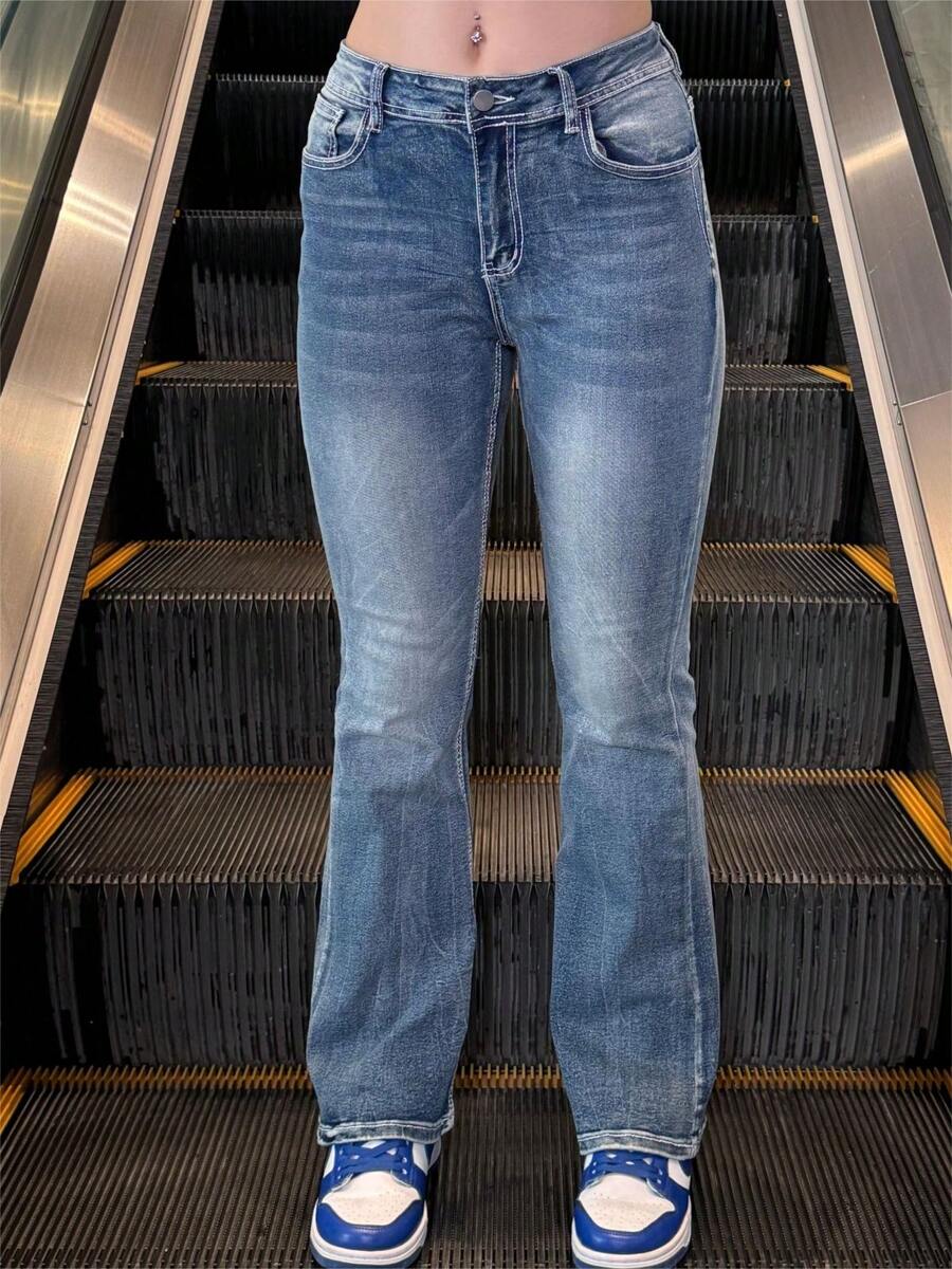 Women Modern Flare Bell Bottom Jeans Mid-Rise Wide Leg Bootcut Stretchy Denim Pants Pockets Embroidery Design Casual Style - Medium Wash - View 1