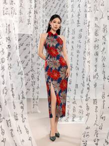 无袖立领扣花卉图案开叉大腿新款中式旗袍旗袍连衣裙 - 藍色 - 查看 5