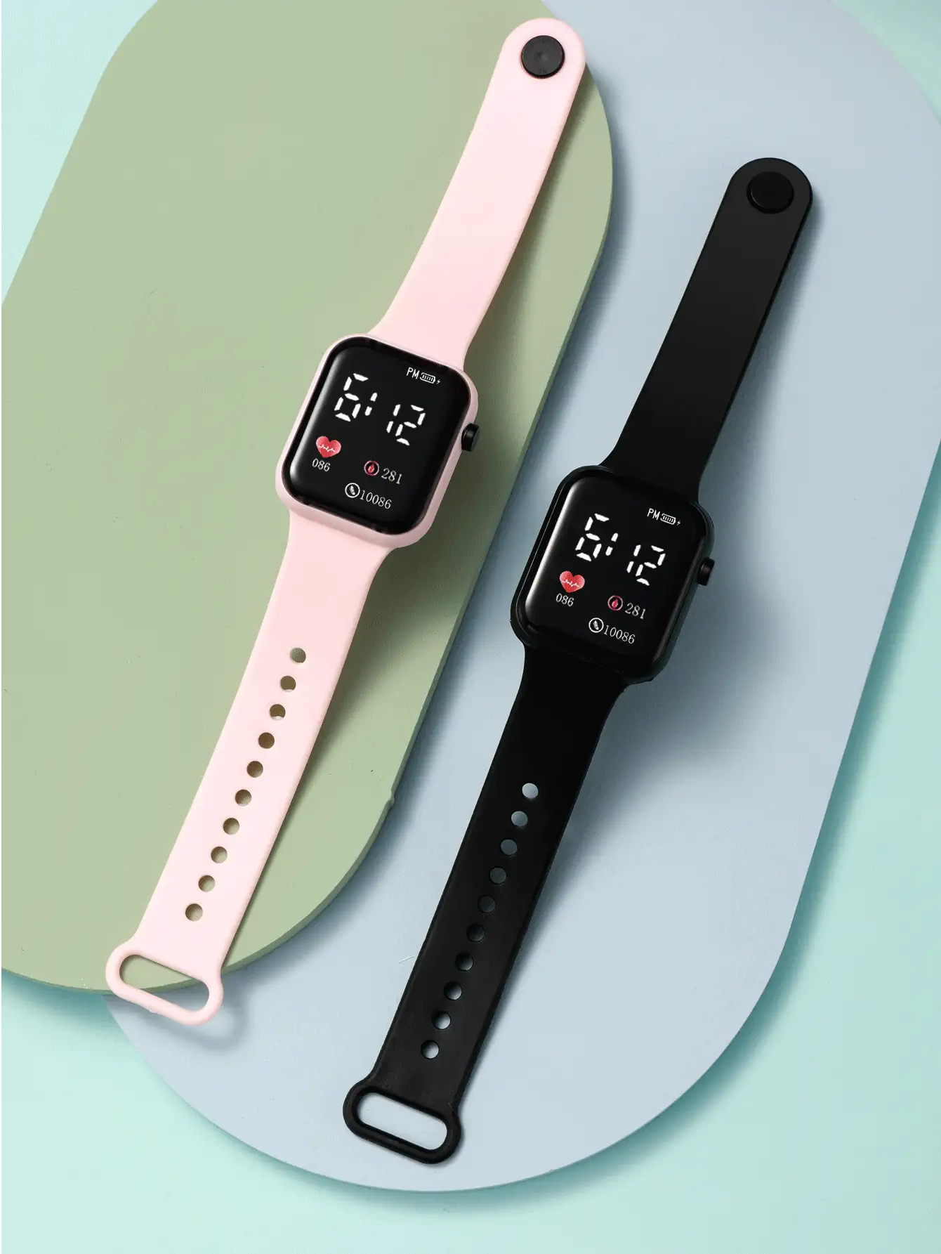 2pcs Black & Pink Pvc Strap Sports Square Dial Digital Watch, Suitable For Daily Wear - Multicolor - View 2