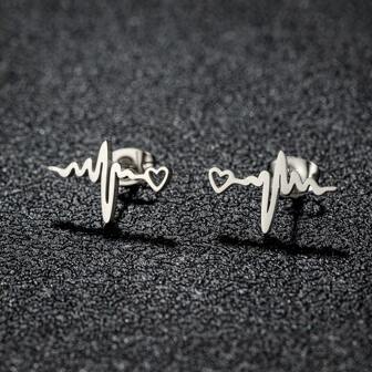 1 对心形波浪耳钉黑色不锈钢心跳听诊器耳环女式医生配饰珠宝礼物情人节、妈妈、母亲、母亲节、礼物