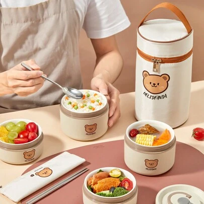 WORTHBUY 1pc Double-Layer Insulated Ceramic Inner Lunch Box,Portable Thermal Bento Box With Lid & Handle, Microwave , Hot Water Can Be Heated, Sealed Leak-Proof Fruit Salad Food Container, Round Lunch Container Suitable For Students And Adults To Use In School, Office, Outdoor Picnics