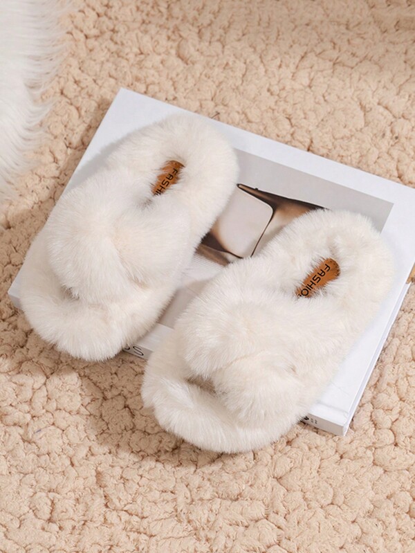 Girls Fluffy Double Strap Slip-On Slippers, Cute Furry Open Toe House Slippers For Indoor/Outdoor Use
