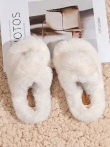 Girls Fluffy Double Strap Slip-On Slippers, Cute Furry Open Toe House Slippers For Indoor/Outdoor Use