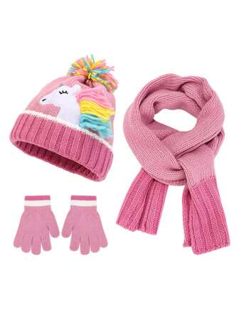 3pcs Kids Winter Knitted Cap, Scarf And Gloves Set, Cartoon Unicorn Design For Girls