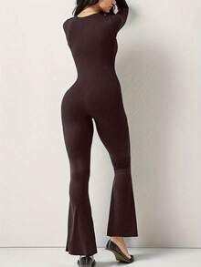 Casual High Neck Slim Fit Flared Jumpsuit, Versatile New Arrival For Spring & Autumn - Brown - View 2