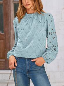 Women's Shirt Casual Embroidered Long Puff Sleeve Shirt Pleated Mesh Lace Top