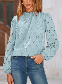 Women's Shirt Casual Embroidered Long Puff Sleeve Shirt Pleated Mesh Lace Top