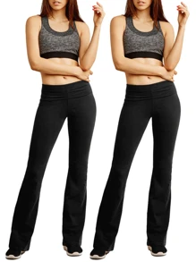Pantalones de yoga acampanados para mujer, paquete de 2, mezcla de algodón, cintura alta, control de abdomen, calzas suaves con corte acampanado, pantalones de pierna ancha cómodos, elásticos, sueltos, casuales, transpirables, para correr, hacer ejercicio, pantalones livianos, ropa deportiva para mujer - Negro - Ver 2