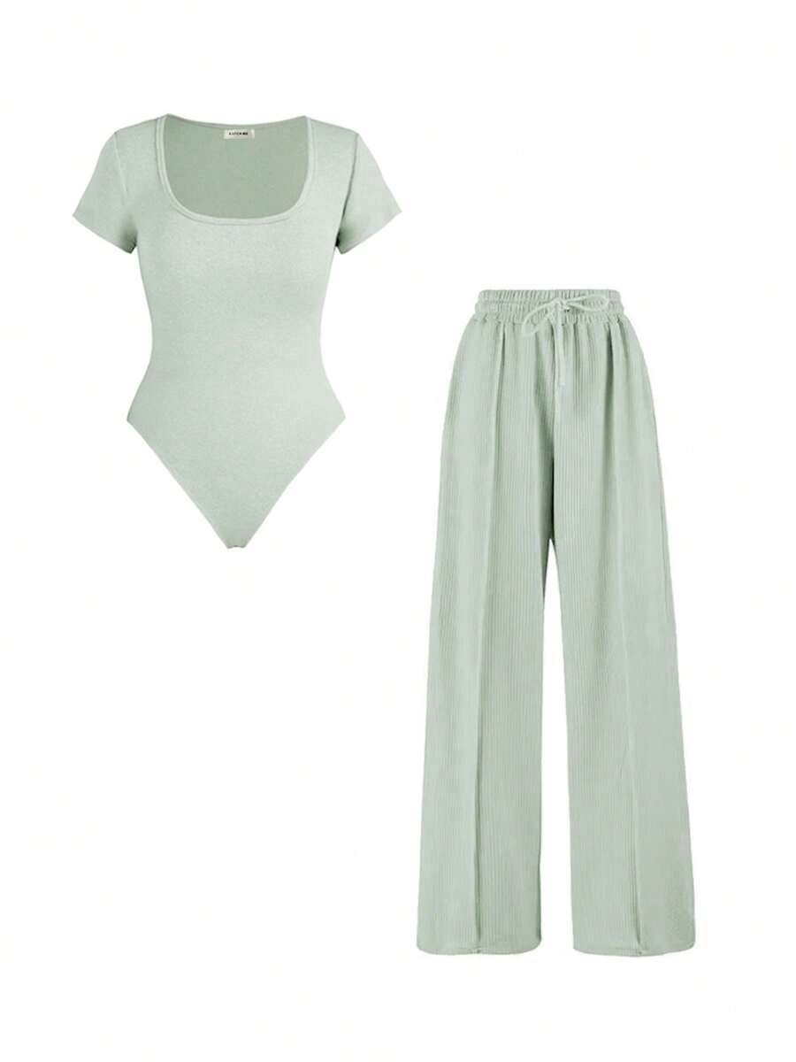 Women's Square Neck Shaping Bodysuit & High Waist Wide Leg Pockets Trousers Co-Ord,Short Sleeve Shapewear,Two-Piece Outfit For Womenswear - 薄荷綠 - 查看 1