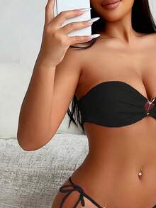 心形装饰抹胸性感比基尼套装，适合夏日海滩度假 - 黑色 - 查看 4